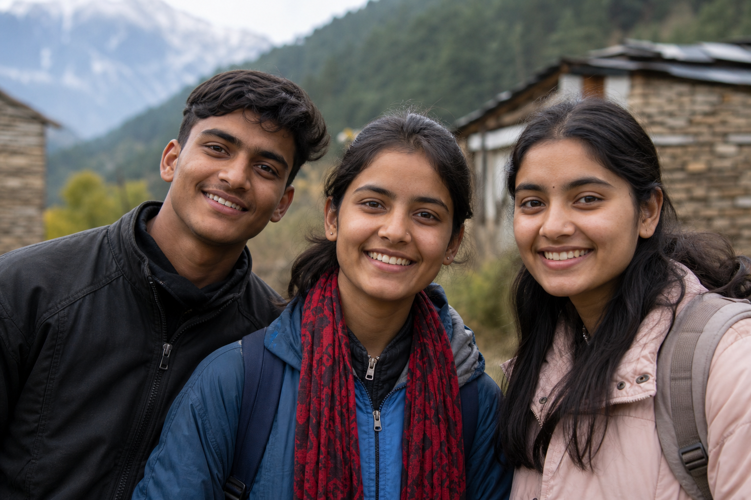 Young people from the community smiling outdoors in a Himalayan village setting