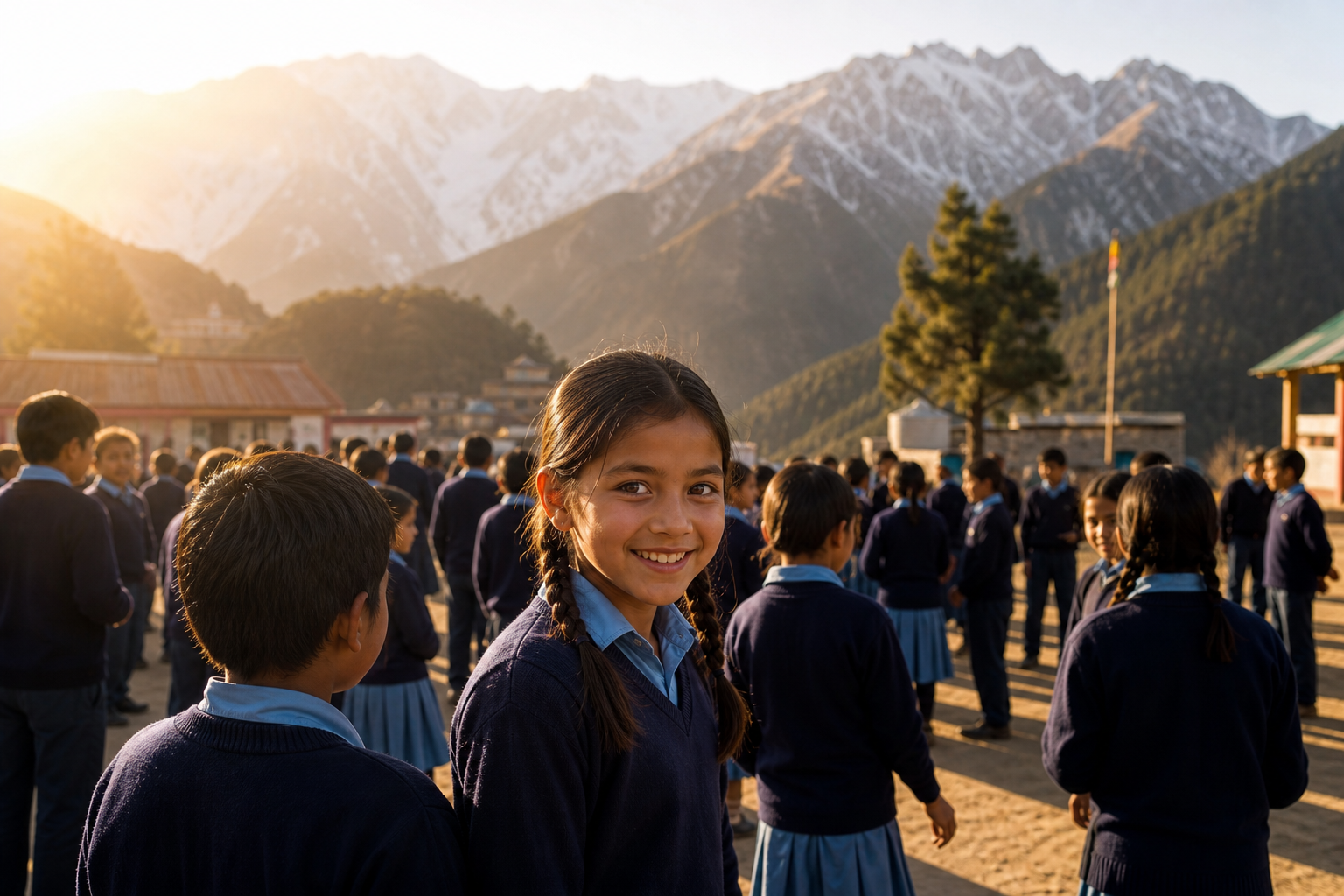 Students gathered in a Himalayan school courtyard at golden hour