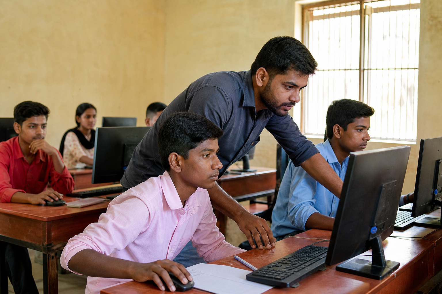 Students learning computers in a rural digital literacy classroom
