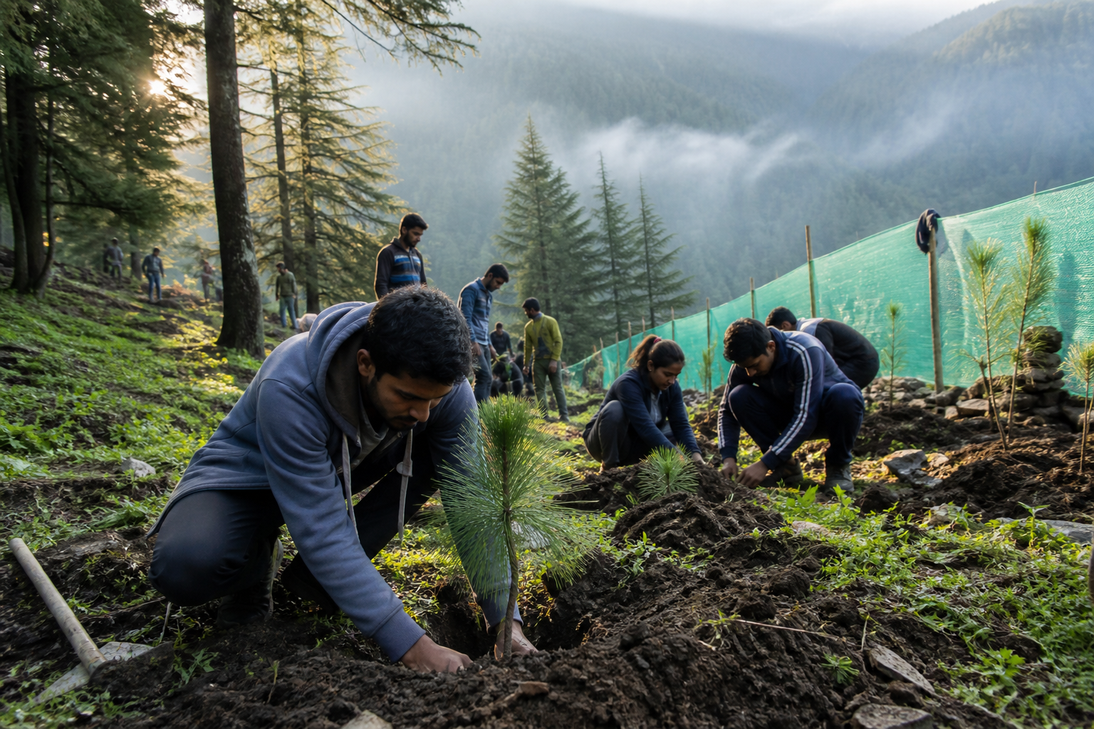 Volunteers planting native saplings on a Himalayan hillside