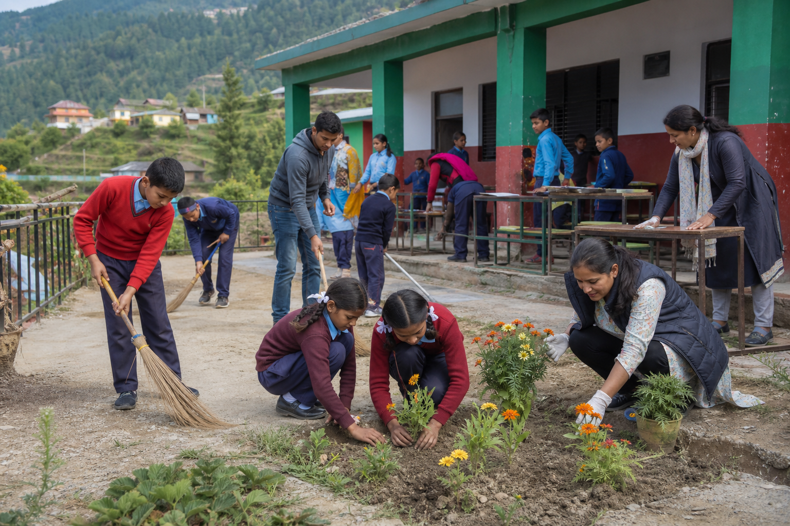 Volunteers and students cleaning a government school campus