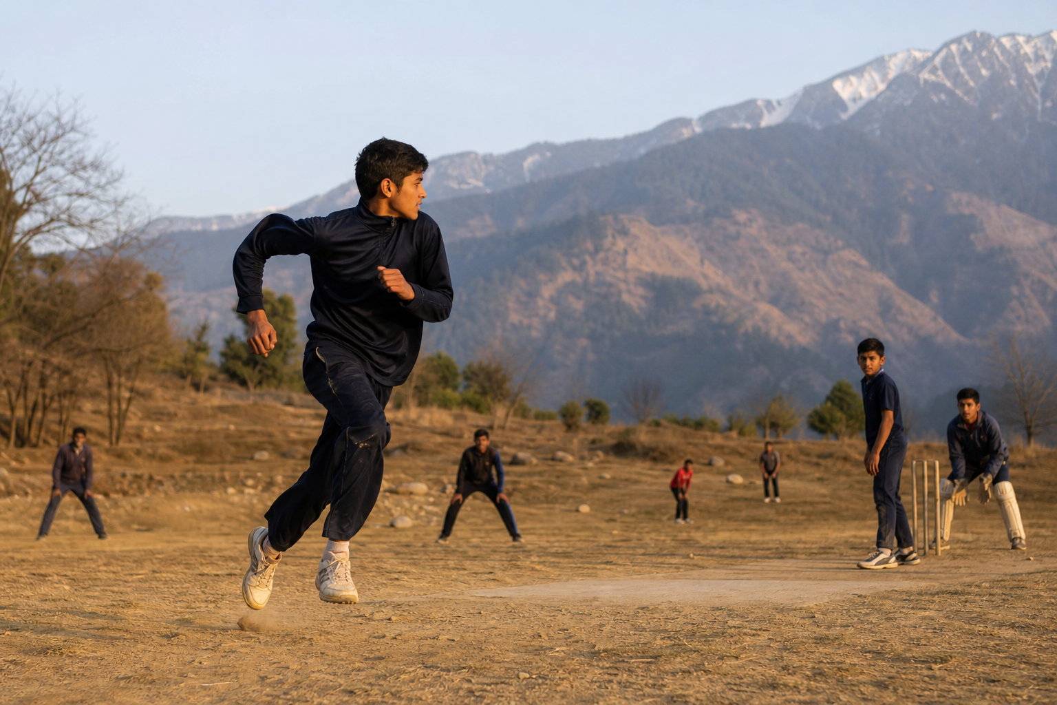 Young athletes playing cricket on a rural sports ground